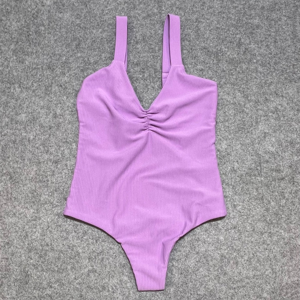 New Tan Madonnas Lilac Purple Ribbed Cheeky One Piece Swimsuit Small Adjustable - Picture 2 of 6